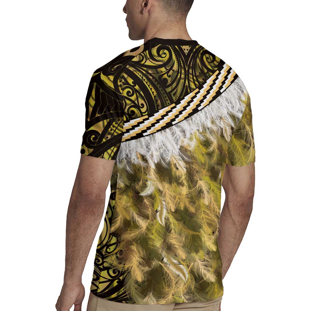 Yellow Traditional Cloak Aotearoa Rugby Jersey Maori Paua Shell Korowai Pattern