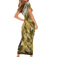 Yellow Traditional Cloak Aotearoa Short Sleeve Bodycon Dress Maori Paua Shell Korowai Pattern