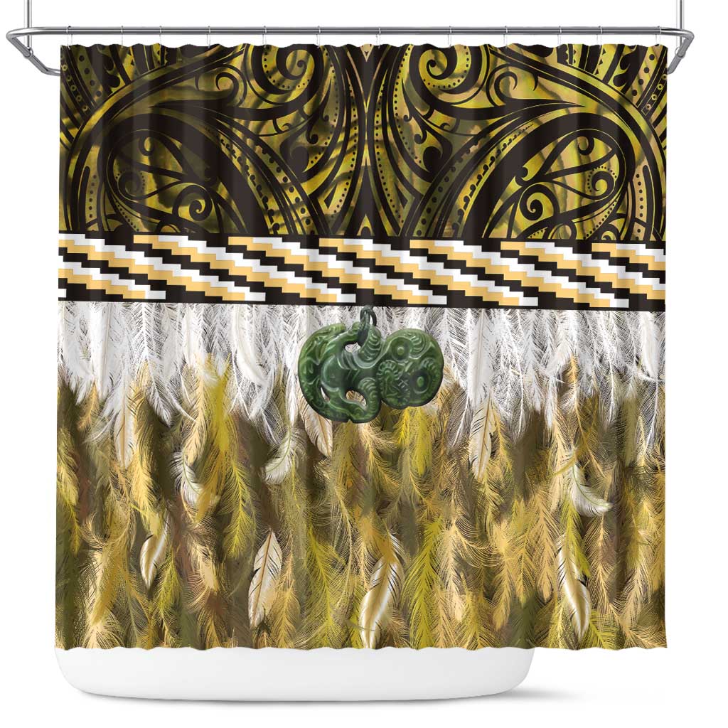 Yellow Traditional Cloak Aotearoa Shower Curtain Maori Paua Shell Korowai Pattern