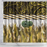 Yellow Traditional Cloak Aotearoa Shower Curtain Maori Paua Shell Korowai Pattern