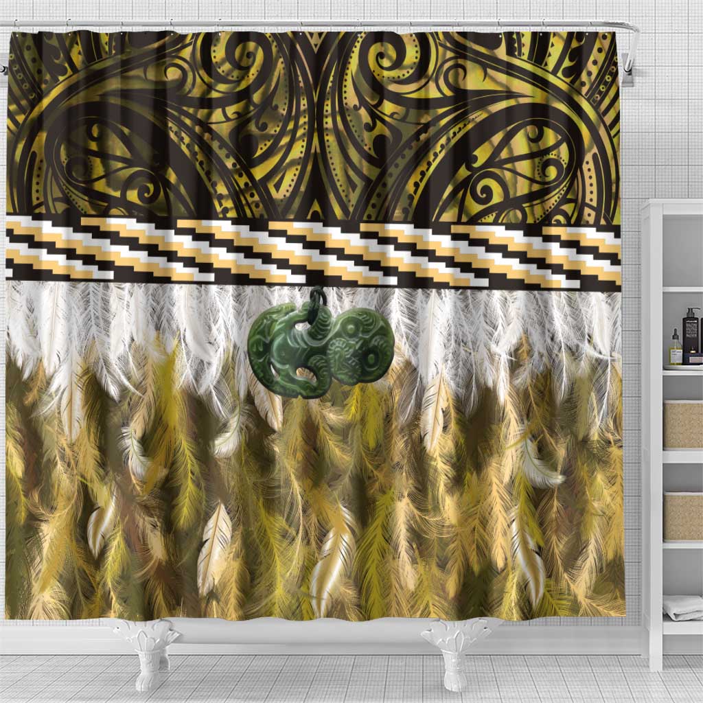 Yellow Traditional Cloak Aotearoa Shower Curtain Maori Paua Shell Korowai Pattern