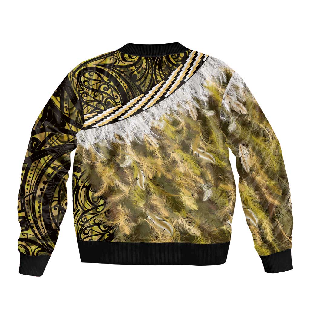 Yellow Traditional Cloak Aotearoa Sleeve Zip Bomber Jacket Maori Paua Shell Korowai Pattern LT14 - Polynesian Pride