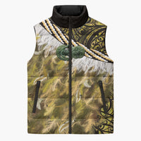 Yellow Traditional Cloak Aotearoa Sleeveless Puffer Jacket Maori Paua Shell Korowai Pattern - Polynesian Pride