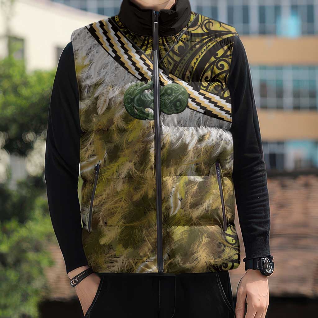 Yellow Traditional Cloak Aotearoa Sleeveless Puffer Jacket Maori Paua Shell Korowai Pattern - Polynesian Pride