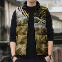 Yellow Traditional Cloak Aotearoa Sleeveless Puffer Jacket Maori Paua Shell Korowai Pattern - Polynesian Pride