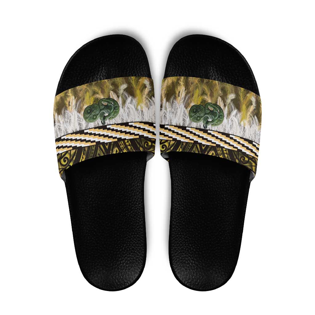 Yellow Traditional Cloak Aotearoa Slide Sandals Maori Paua Shell Korowai Pattern LT14 Yellow - Polynesian Pride