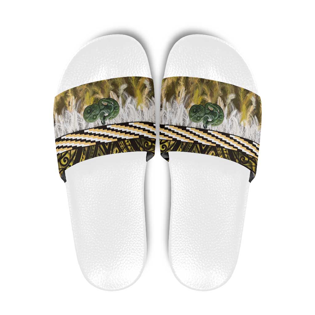 Yellow Traditional Cloak Aotearoa Slide Sandals Maori Paua Shell Korowai Pattern LT14 Yellow - Polynesian Pride