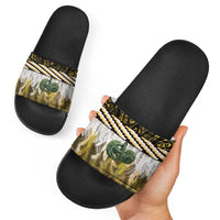 Yellow Traditional Cloak Aotearoa Slide Sandals Maori Paua Shell Korowai Pattern LT14 - Polynesian Pride