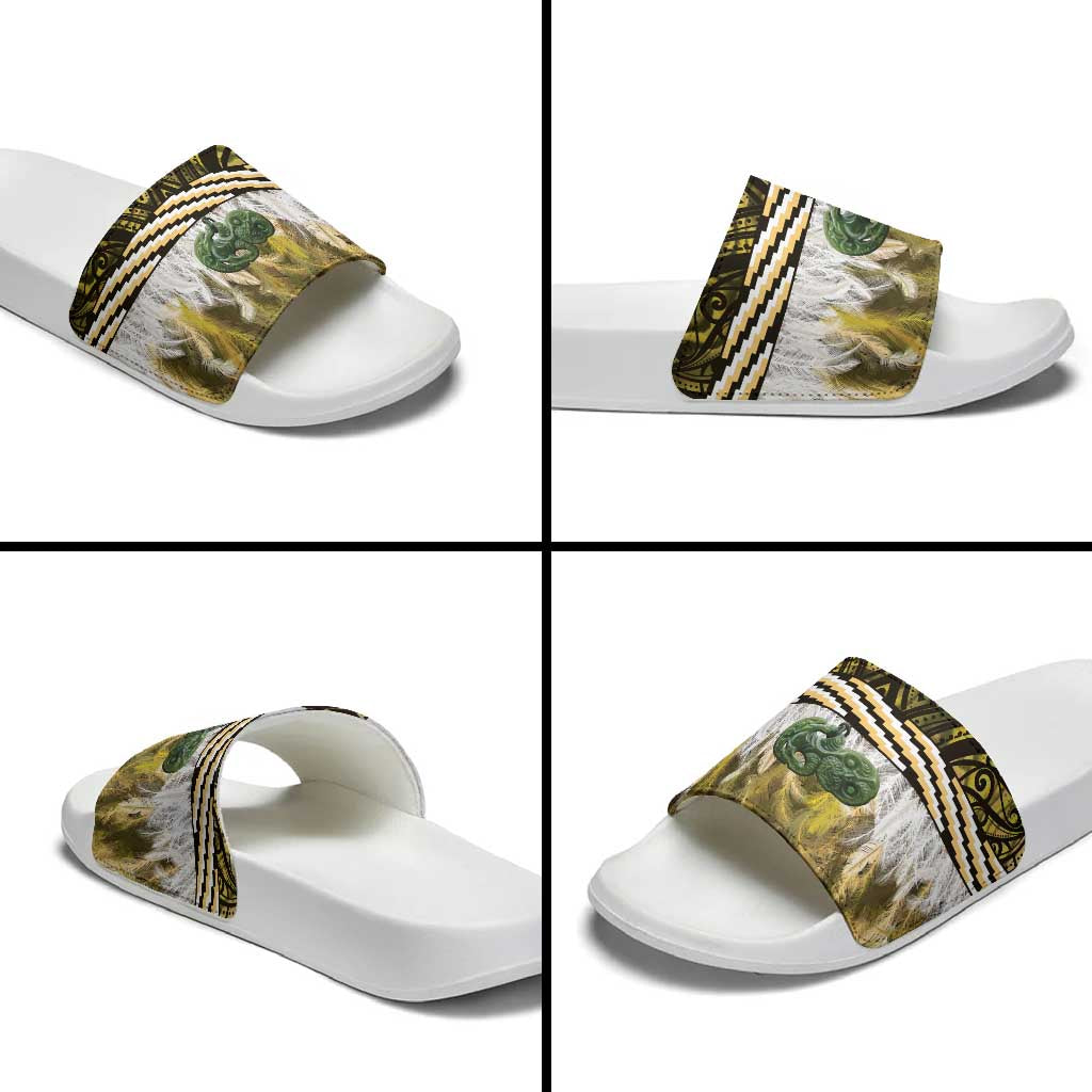 Yellow Traditional Cloak Aotearoa Slide Sandals Maori Paua Shell Korowai Pattern LT14 - Polynesian Pride