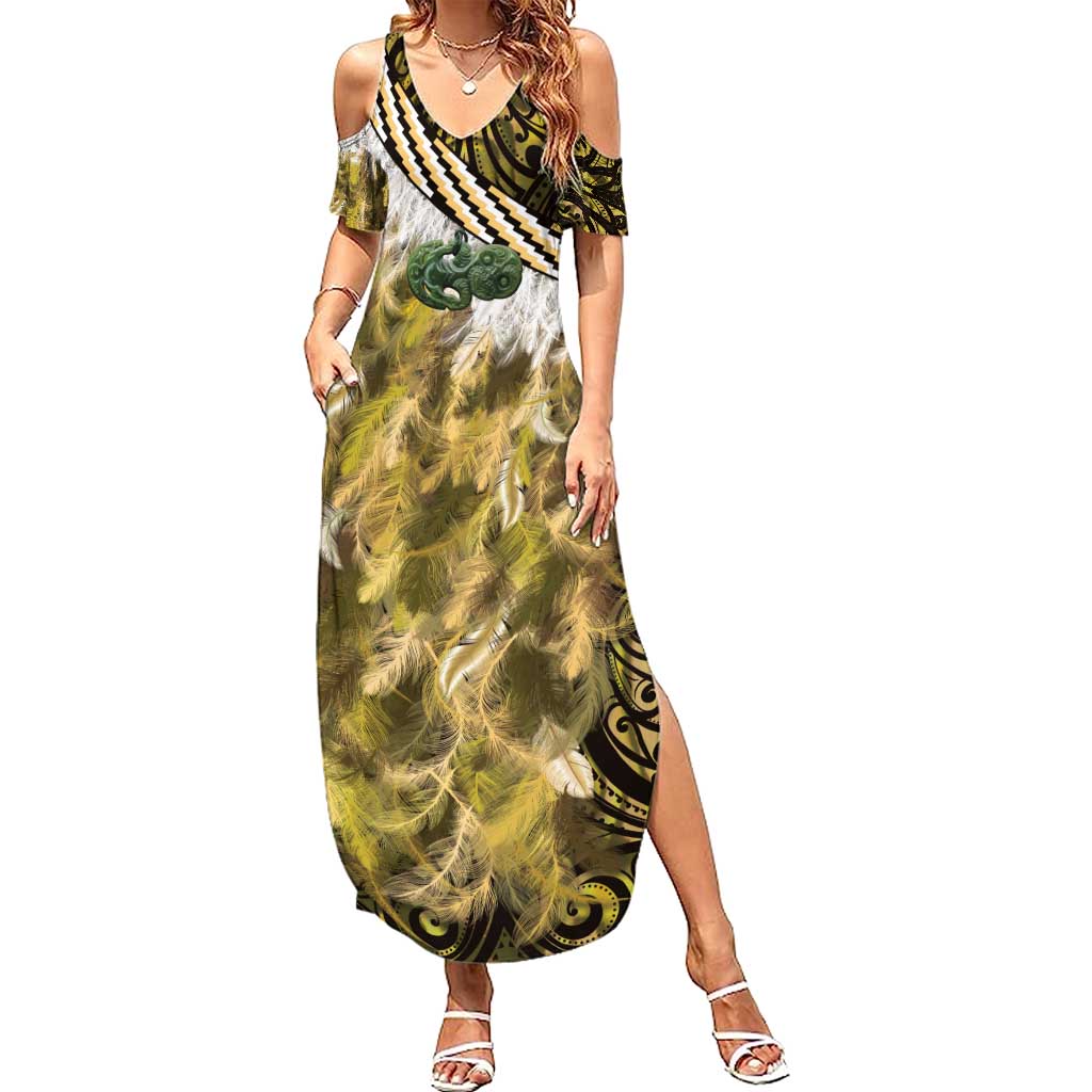 Yellow Traditional Cloak Aotearoa Summer Maxi Dress Maori Paua Shell Korowai Pattern