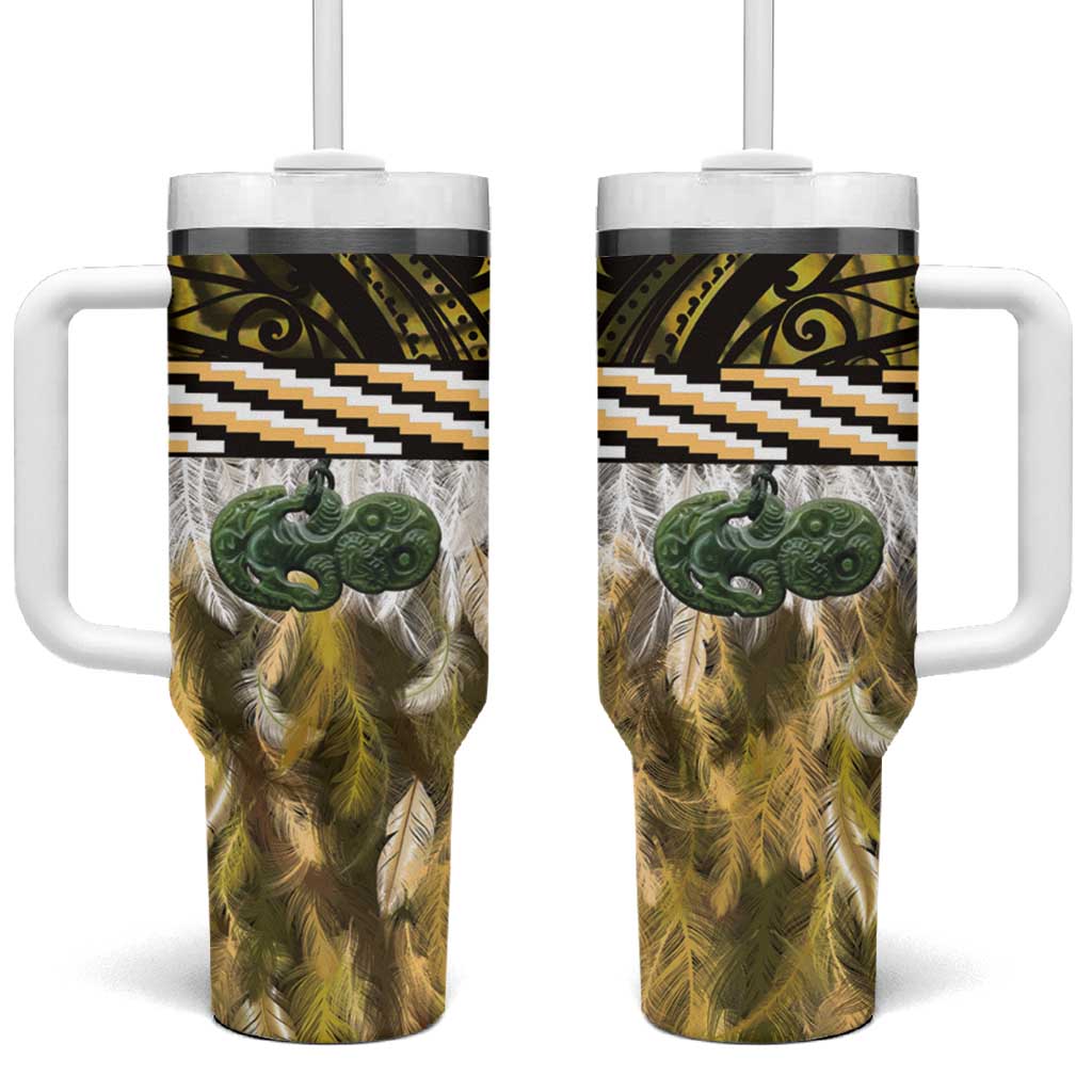 Yellow Traditional Cloak Aotearoa Tumbler With Handle Maori Paua Shell Korowai Pattern LT14 One Size: 40 oz Yellow - Polynesian Pride