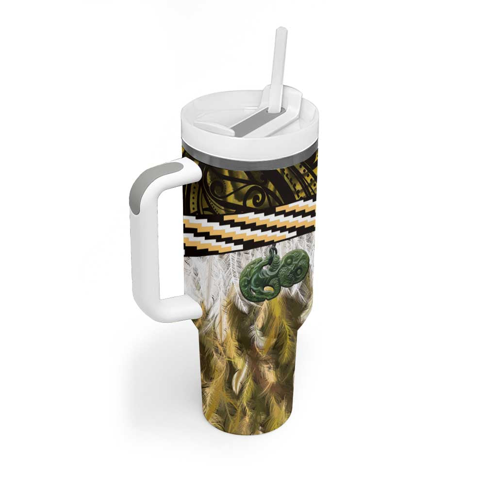 Yellow Traditional Cloak Aotearoa Tumbler With Handle Maori Paua Shell Korowai Pattern LT14 - Polynesian Pride
