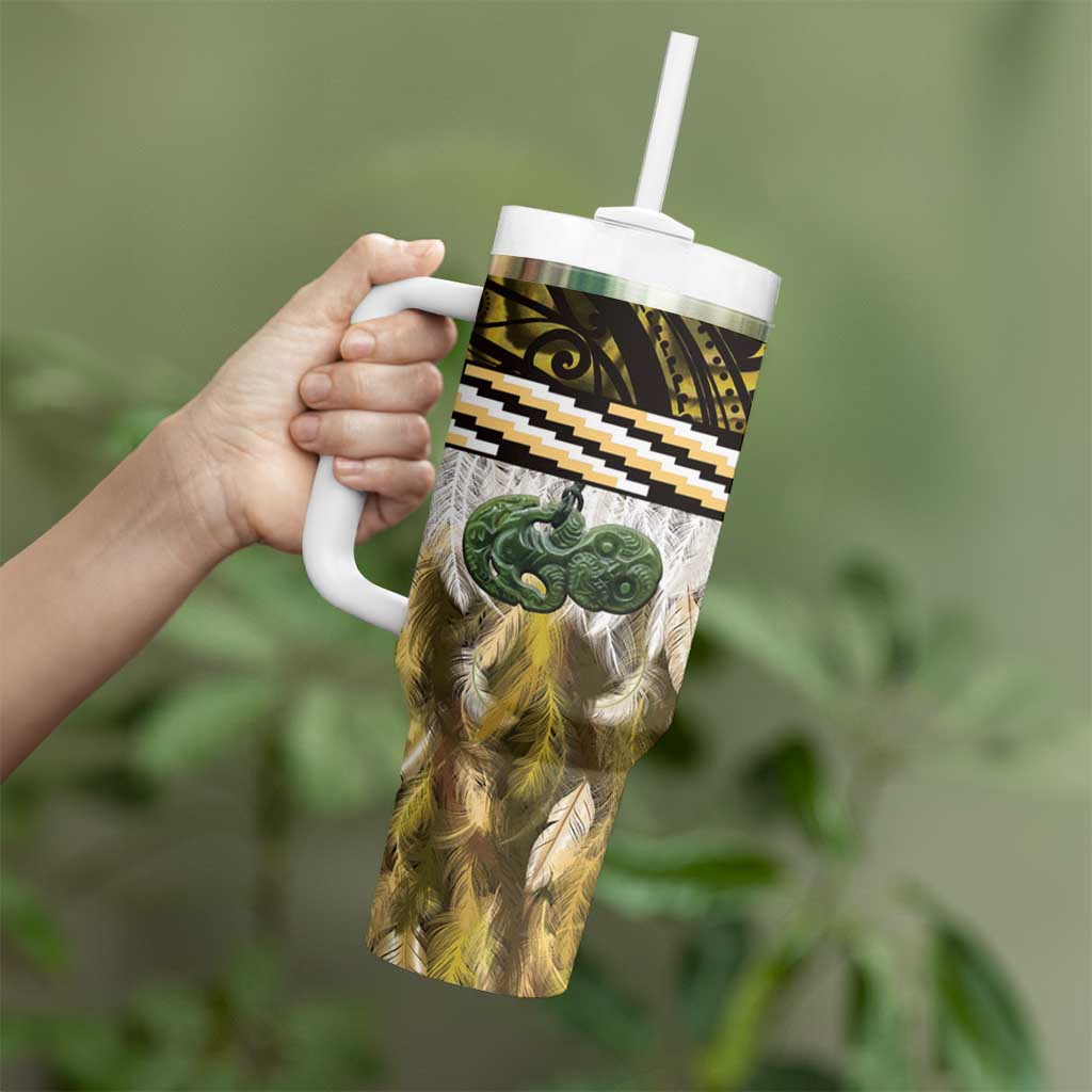 Yellow Traditional Cloak Aotearoa Tumbler With Handle Maori Paua Shell Korowai Pattern LT14 - Polynesian Pride