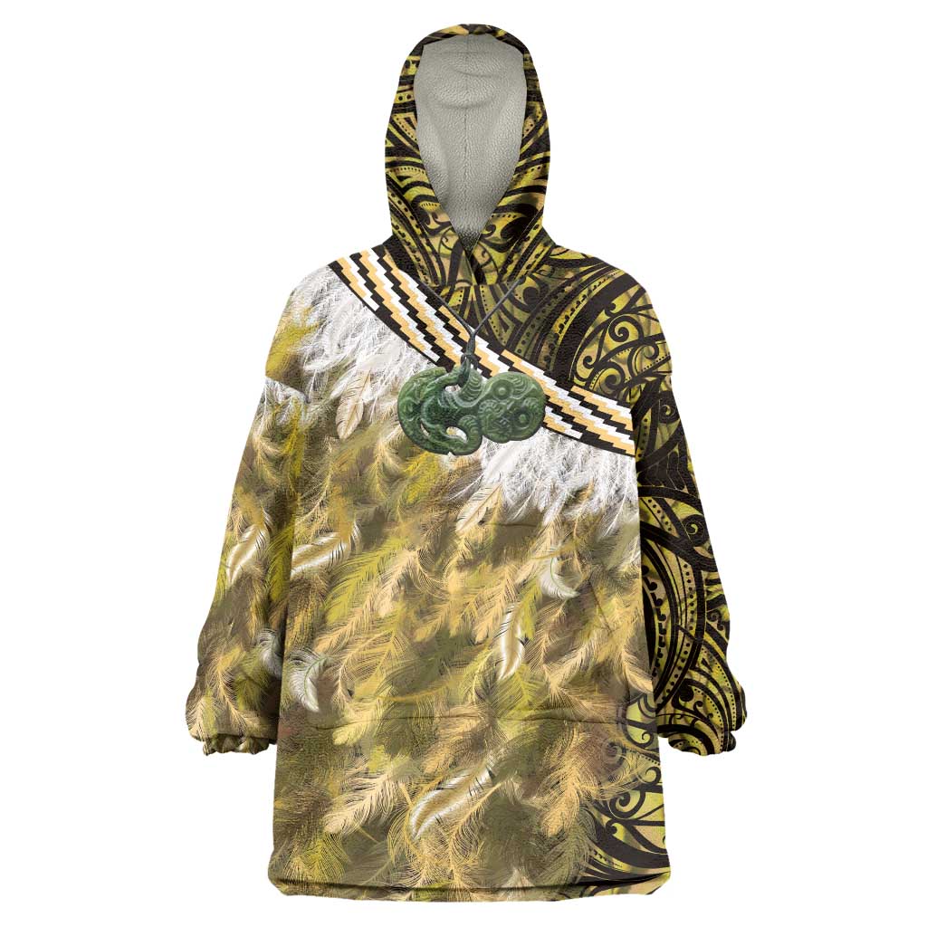 Yellow Traditional Cloak Aotearoa Wearable Blanket Hoodie Maori Paua Shell Korowai Pattern
