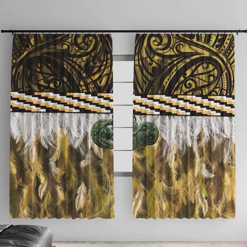 Yellow Traditional Cloak Aotearoa Window Curtain Maori Paua Shell Korowai Pattern