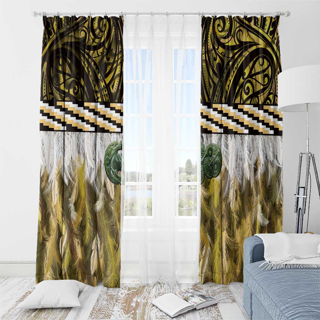 Yellow Traditional Cloak Aotearoa Window Curtain Maori Paua Shell Korowai Pattern LT14 - Polynesian Pride