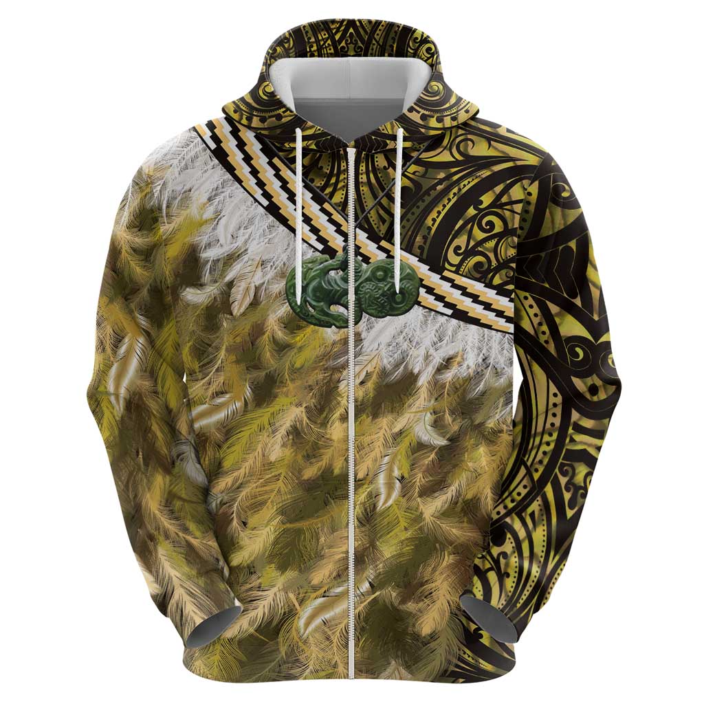 Yellow Traditional Cloak Aotearoa Zip Hoodie Maori Paua Shell Korowai Pattern