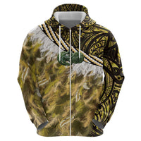 Yellow Traditional Cloak Aotearoa Zip Hoodie Maori Paua Shell Korowai Pattern