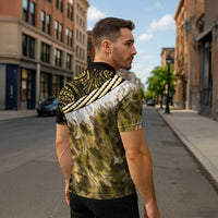 Yellow Traditional Cloak Aotearoa Zipper Polo Shirt Maori Paua Shell Korowai Pattern - Polynesian Pride