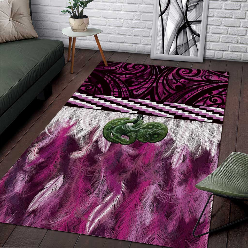 Pink Traditional Cloak Aotearoa Area Rug Maori Paua Shell Korowai Pattern