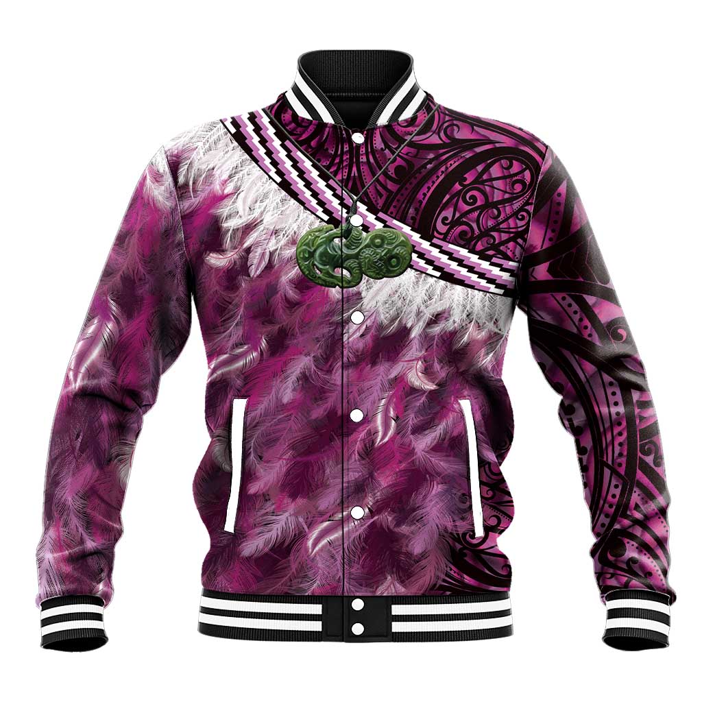 Pink Traditional Cloak Aotearoa Baseball Jacket Maori Paua Shell Korowai Pattern LT14 Unisex Pink - Polynesian Pride