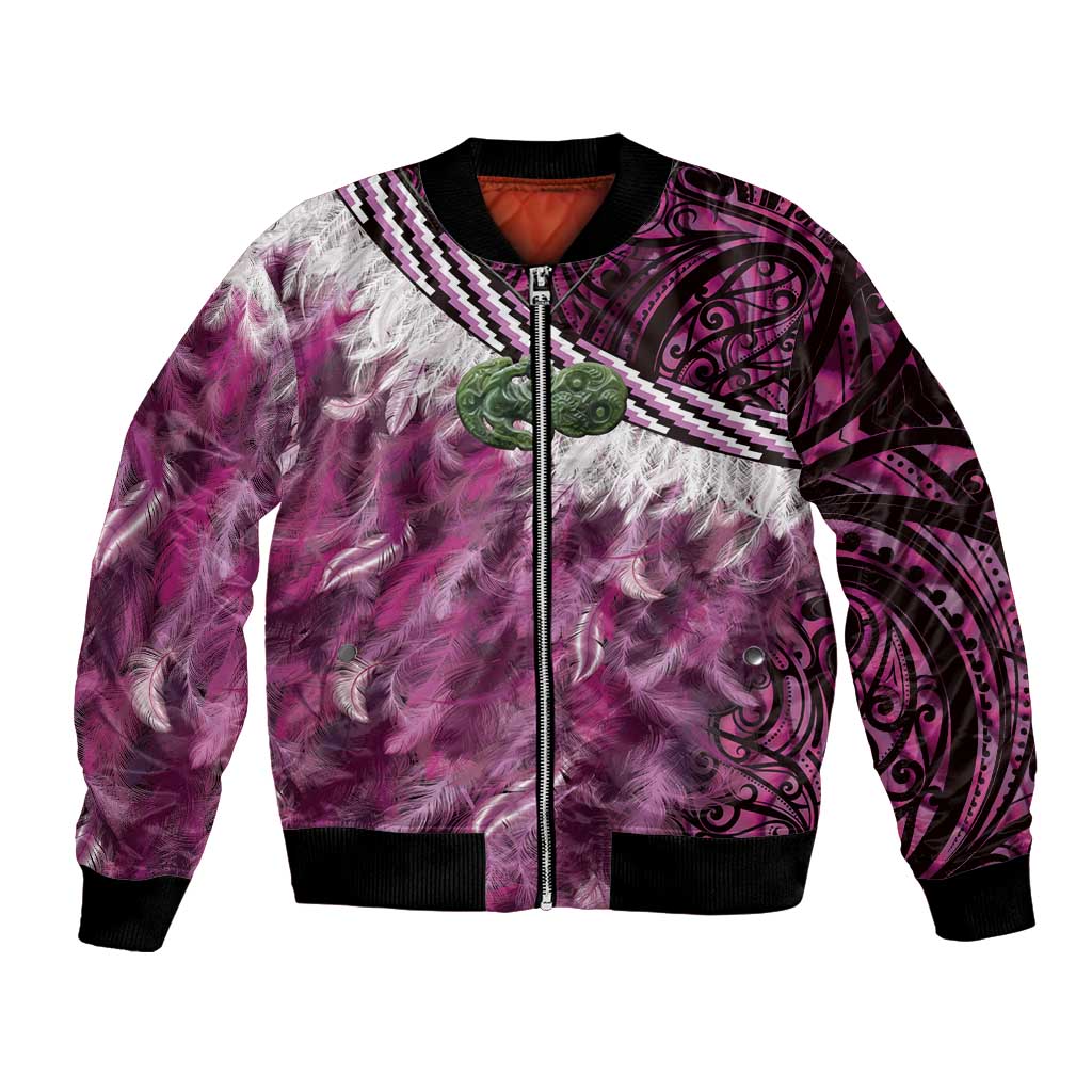 Pink Traditional Cloak Aotearoa Bomber Jacket Maori Paua Shell Korowai Pattern LT14 Unisex Pink - Polynesian Pride