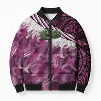 Pink Traditional Cloak Aotearoa Bomber Puffer Jacket Maori Paua Shell Korowai Pattern - Polynesian Pride
