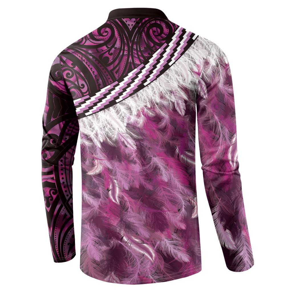 Pink Traditional Cloak Aotearoa Button Sweatshirt Maori Paua Shell Korowai Pattern