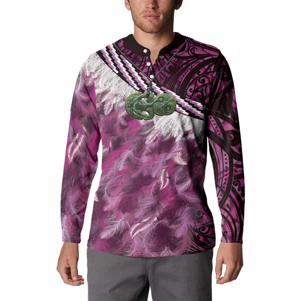 Pink Traditional Cloak Aotearoa Button Sweatshirt Maori Paua Shell Korowai Pattern