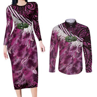 Pink Traditional Cloak Aotearoa Couples Matching Long Sleeve Bodycon Dress and Long Sleeve Button Shirt Maori Paua Shell Korowai Pattern LT14 Pink - Polynesian Pride