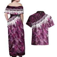 Pink Traditional Cloak Aotearoa Couples Matching Off Shoulder Maxi Dress and Hawaiian Shirt Maori Paua Shell Korowai Pattern LT14 - Polynesian Pride