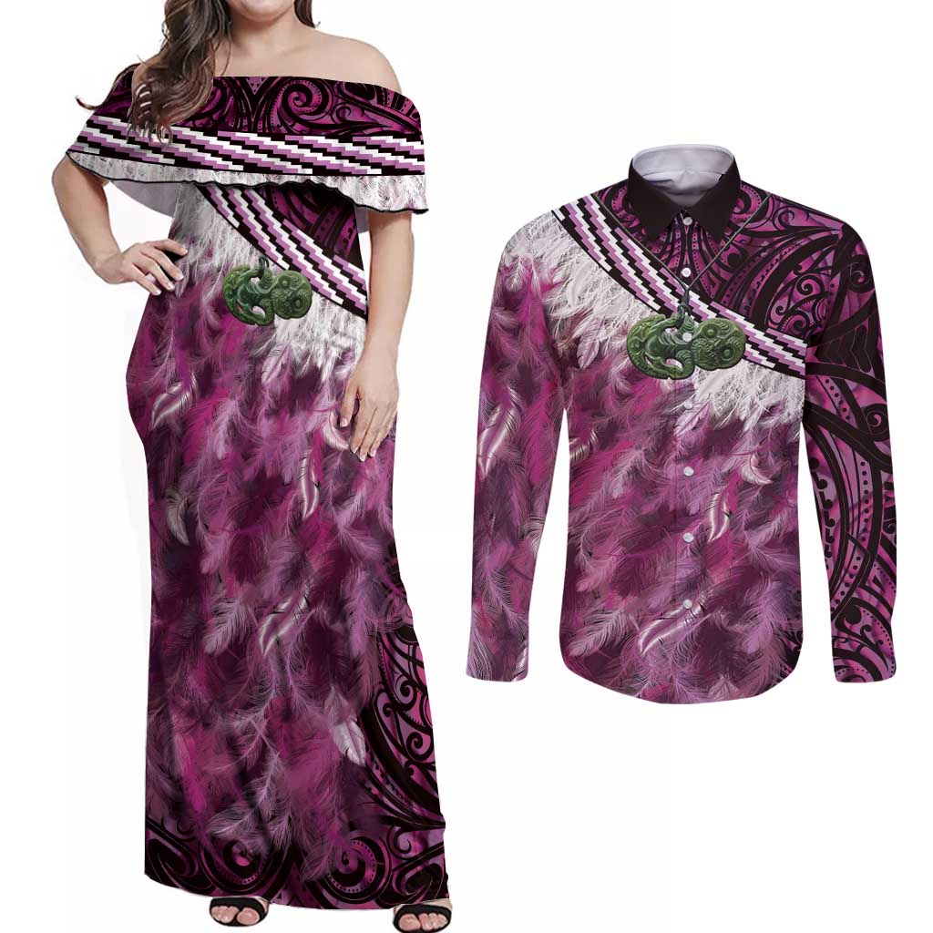 Pink Traditional Cloak Aotearoa Couples Matching Off Shoulder Maxi Dress and Long Sleeve Button Shirt Maori Paua Shell Korowai Pattern