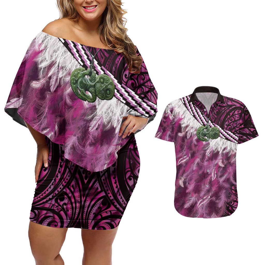 Pink Traditional Cloak Aotearoa Couples Matching Off Shoulder Short Dress and Hawaiian Shirt Maori Paua Shell Korowai Pattern LT14 Pink - Polynesian Pride
