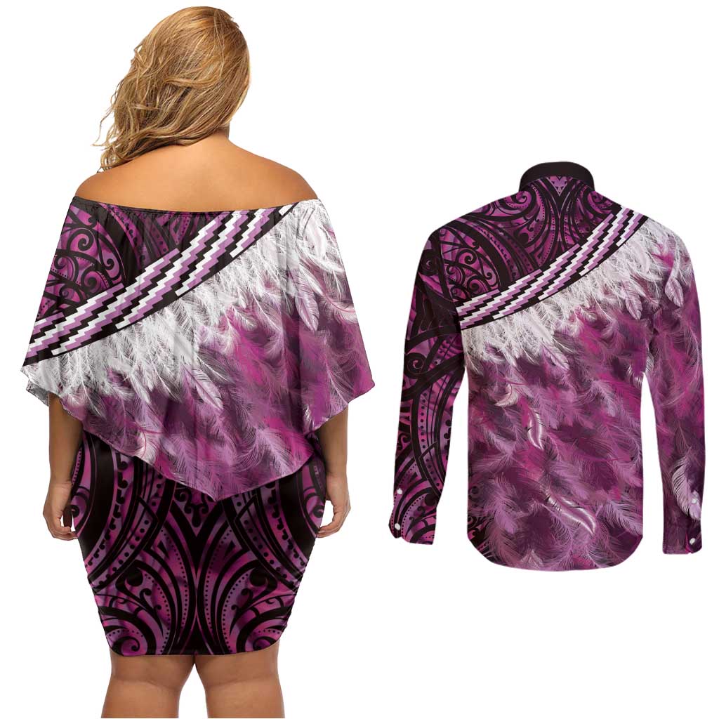 Pink Traditional Cloak Aotearoa Couples Matching Off Shoulder Short Dress and Long Sleeve Button Shirt Maori Paua Shell Korowai Pattern LT14 - Polynesian Pride
