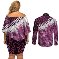 Pink Traditional Cloak Aotearoa Couples Matching Off Shoulder Short Dress and Long Sleeve Button Shirt Maori Paua Shell Korowai Pattern LT14 - Polynesian Pride