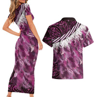 Pink Traditional Cloak Aotearoa Couples Matching Short Sleeve Bodycon Dress and Hawaiian Shirt Maori Paua Shell Korowai Pattern LT14 - Polynesian Pride