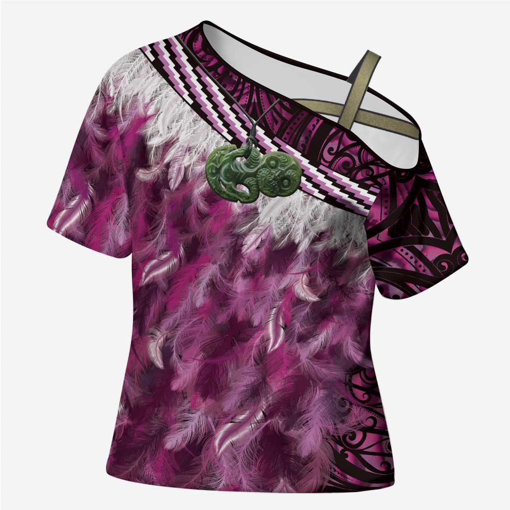 Pink Traditional Cloak Aotearoa Cross Shoulder Shirt Maori Paua Shell Korowai Pattern - Polynesian Pride
