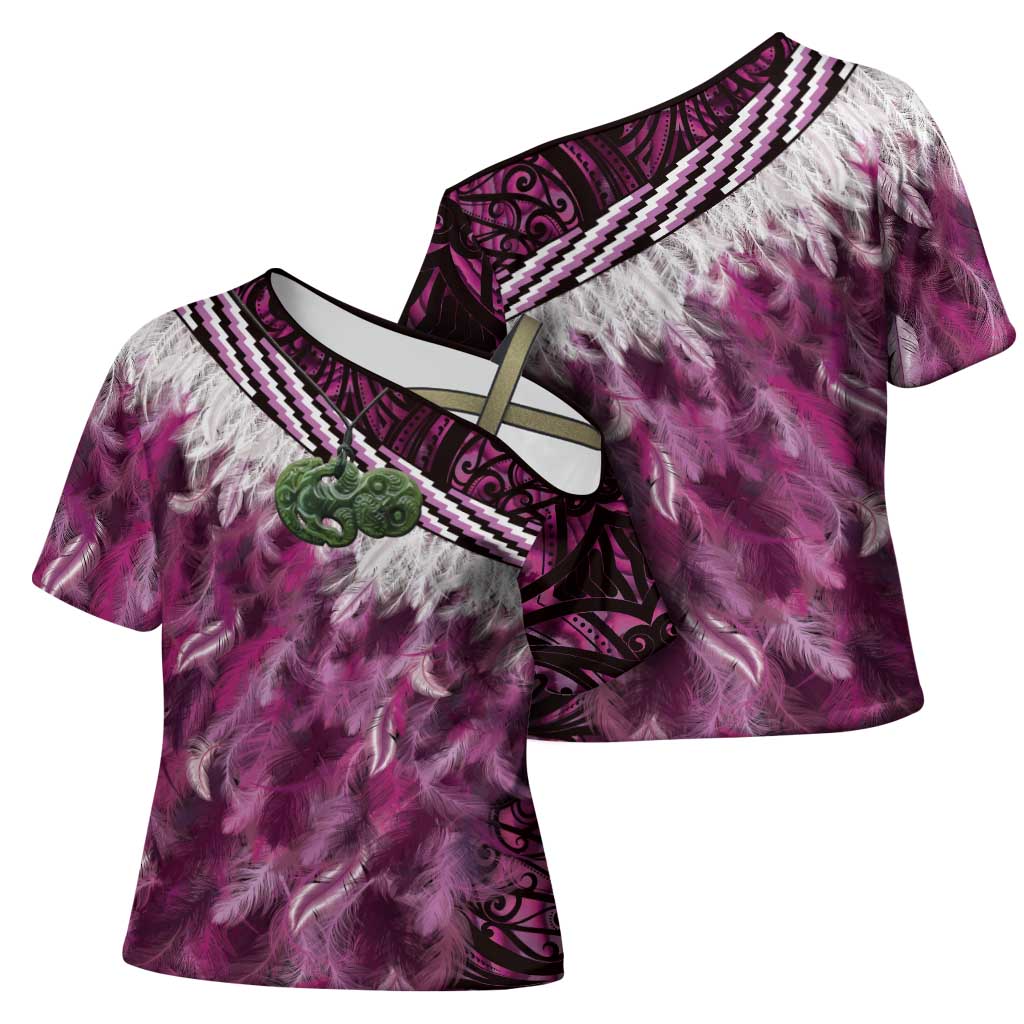Pink Traditional Cloak Aotearoa Cross Shoulder Shirt Maori Paua Shell Korowai Pattern - Polynesian Pride