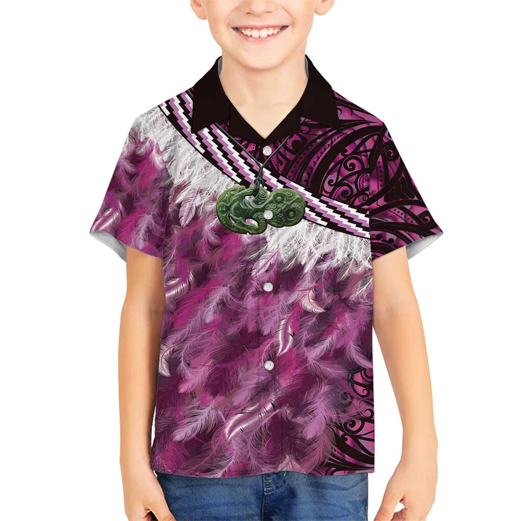 Pink Traditional Cloak Aotearoa Family Matching Long Sleeve Bodycon Dress and Hawaiian Shirt Maori Paua Shell Korowai Pattern
