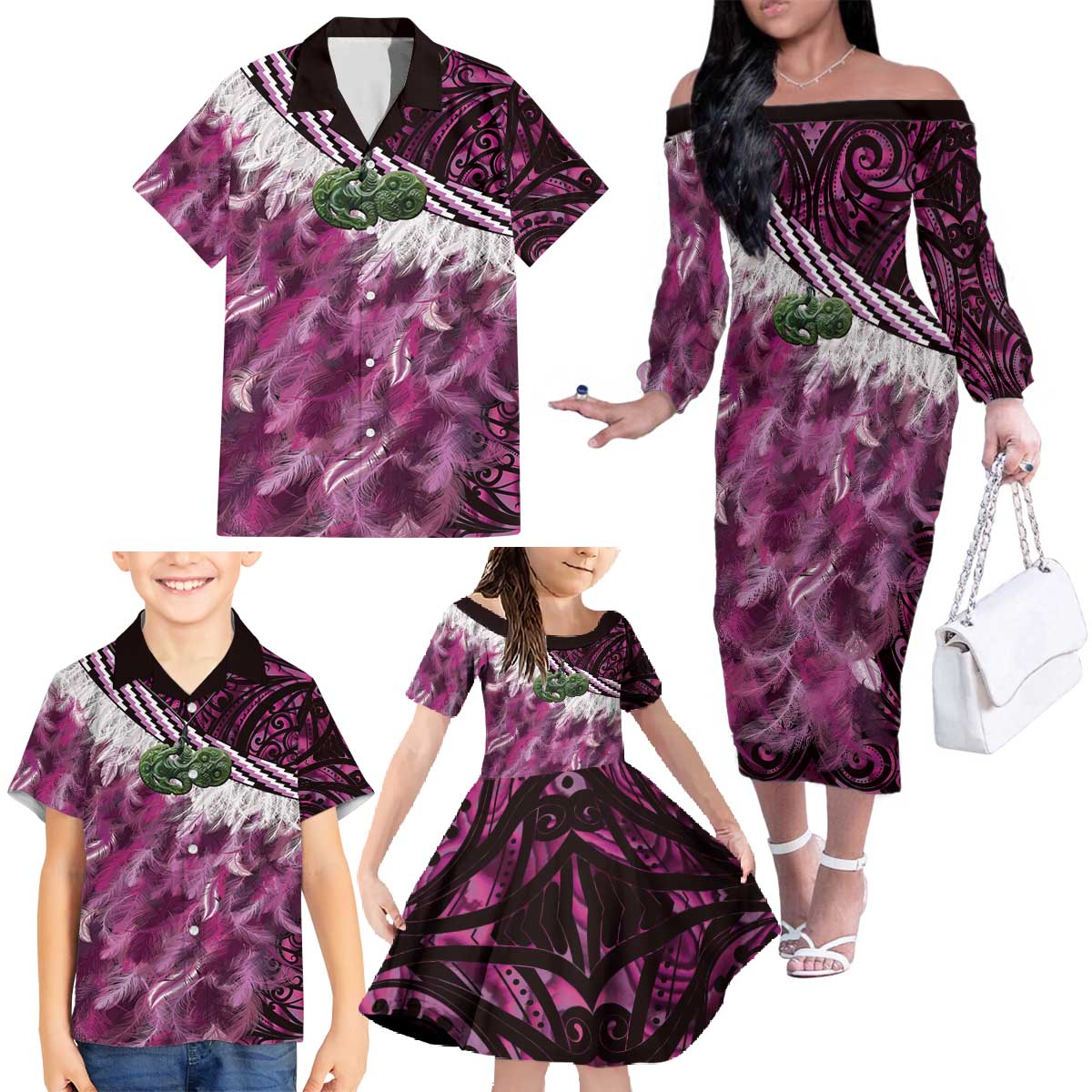 Pink Traditional Cloak Aotearoa Family Matching Off The Shoulder Long Sleeve Dress and Hawaiian Shirt Maori Paua Shell Korowai Pattern