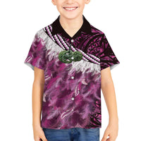 Pink Traditional Cloak Aotearoa Family Matching Off The Shoulder Long Sleeve Dress and Hawaiian Shirt Maori Paua Shell Korowai Pattern