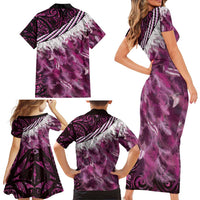 Pink Traditional Cloak Aotearoa Family Matching Short Sleeve Bodycon Dress and Hawaiian Shirt Maori Paua Shell Korowai Pattern