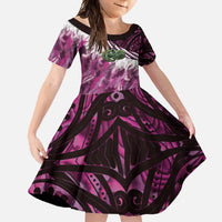 Pink Traditional Cloak Aotearoa Family Matching Summer Maxi Dress and Hawaiian Shirt Maori Paua Shell Korowai Pattern LT14 Daughter's Dress Pink - Polynesian Pride
