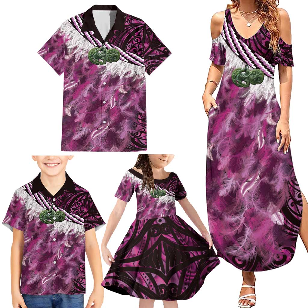 Pink Traditional Cloak Aotearoa Family Matching Summer Maxi Dress and Hawaiian Shirt Maori Paua Shell Korowai Pattern LT14 - Polynesian Pride