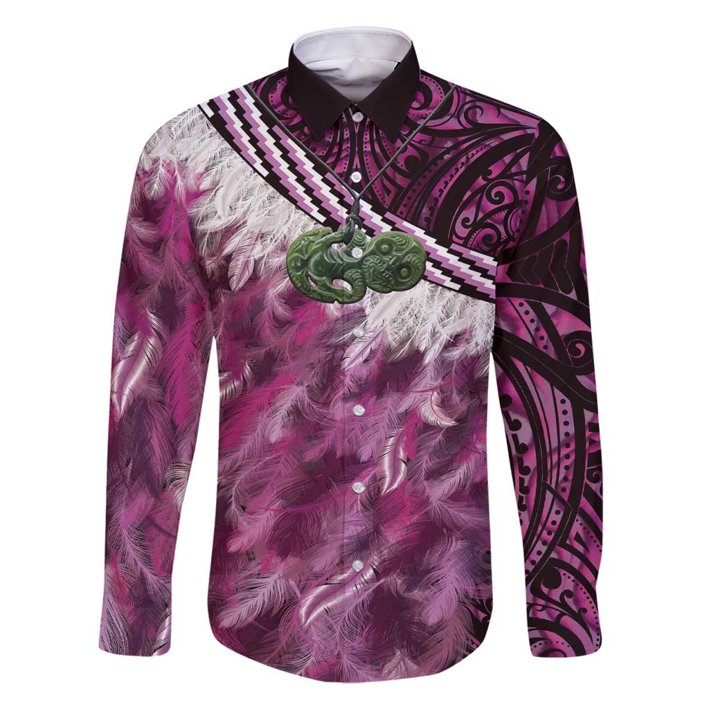 Pink Traditional Cloak Aotearoa Family Matching Summer Maxi Dress and Hawaiian Shirt Maori Paua Shell Korowai Pattern LT14 Dad's Shirt - Long Sleeve Pink - Polynesian Pride
