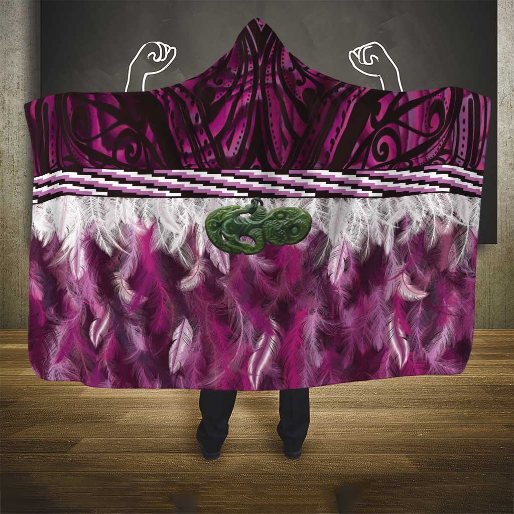 Pink Traditional Cloak Aotearoa Hooded Blanket Maori Paua Shell Korowai Pattern