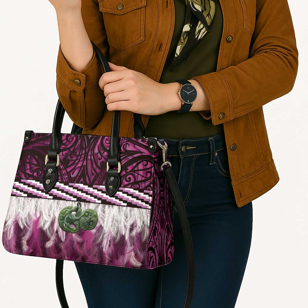 Pink Traditional Cloak Aotearoa Leather Bag Maori Paua Shell Korowai Pattern - Polynesian Pride