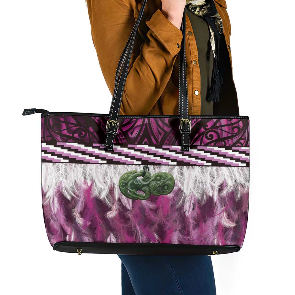 Pink Traditional Cloak Aotearoa Leather Tote Bag Maori Paua Shell Korowai Pattern LT14 - Polynesian Pride