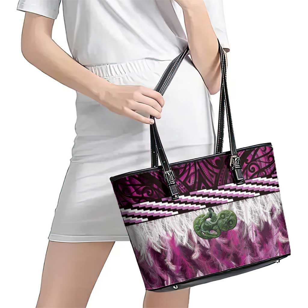 Pink Traditional Cloak Aotearoa Leather Tote Bag Maori Paua Shell Korowai Pattern LT14 - Polynesian Pride