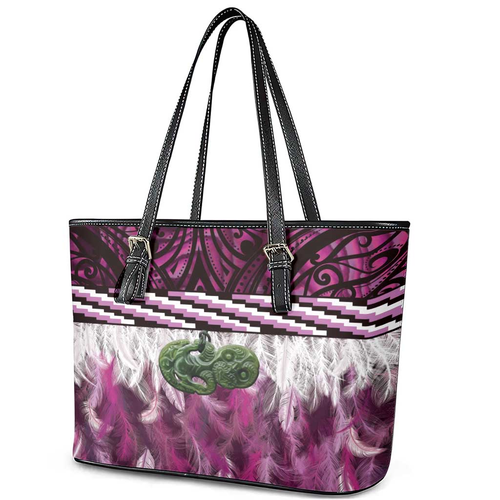 Pink Traditional Cloak Aotearoa Leather Tote Bag Maori Paua Shell Korowai Pattern LT14 - Polynesian Pride
